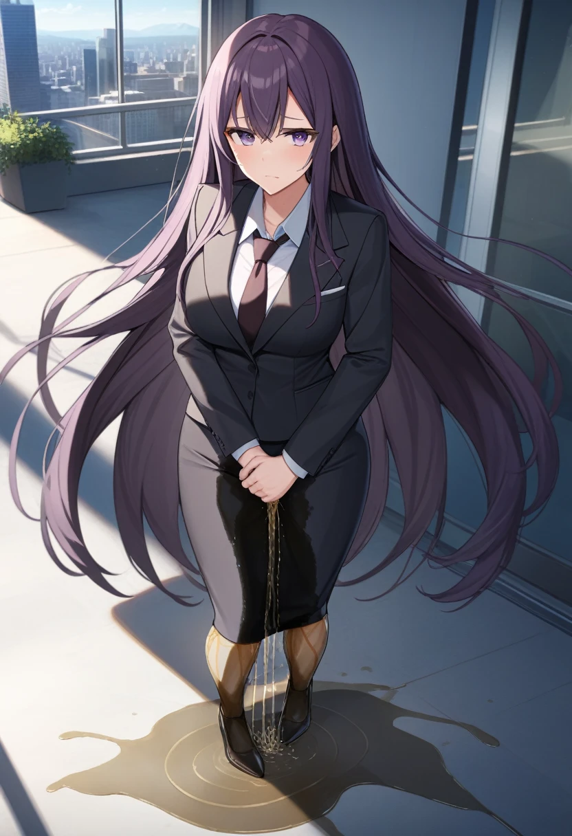 (masterpiece:1.37), best quality, (extremely detailed:1.37), office, window overlooking a bustling cityscape, woman, (mature:1.75), (adult:1.5), (very long hair:1.5), dark purple hair, purple eyes, (extremely detailed eyes:1.37), breasts, sunglasses, business suit, necktie, (very long pencil skirt:2.0), pantyhose, (wetting herself:2.0), standing straight, (desperation:2.0), full body day, daytime, glow, facing viewer, perfect composition, Perfect light and shadow, 8K