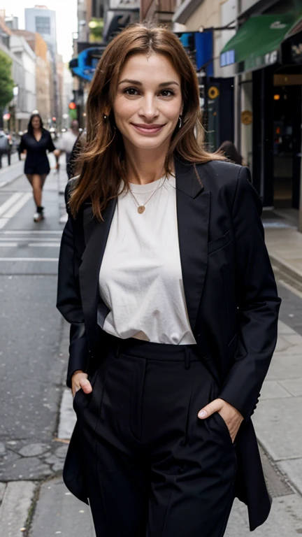 Julia Roberts dressed in dynamic clothing with a sexy smile.