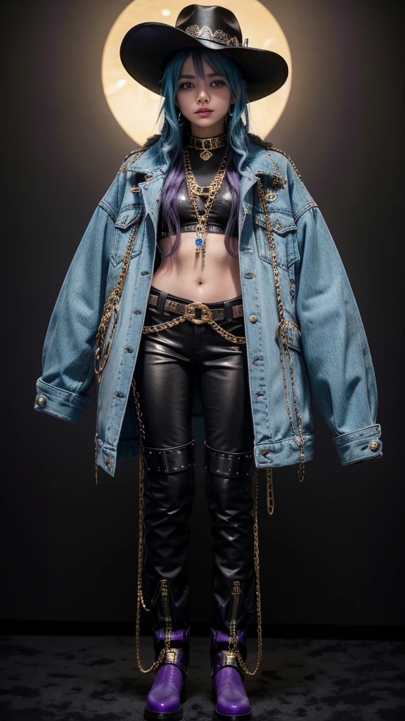 A girl, in black cowboy hat with purple details, with braided blue hair, with a long open cyan jacket with gold accents, chains and buckles on her outfit underneath the jacket, golden boots and black pants, full bodied, full black background, highly detailed