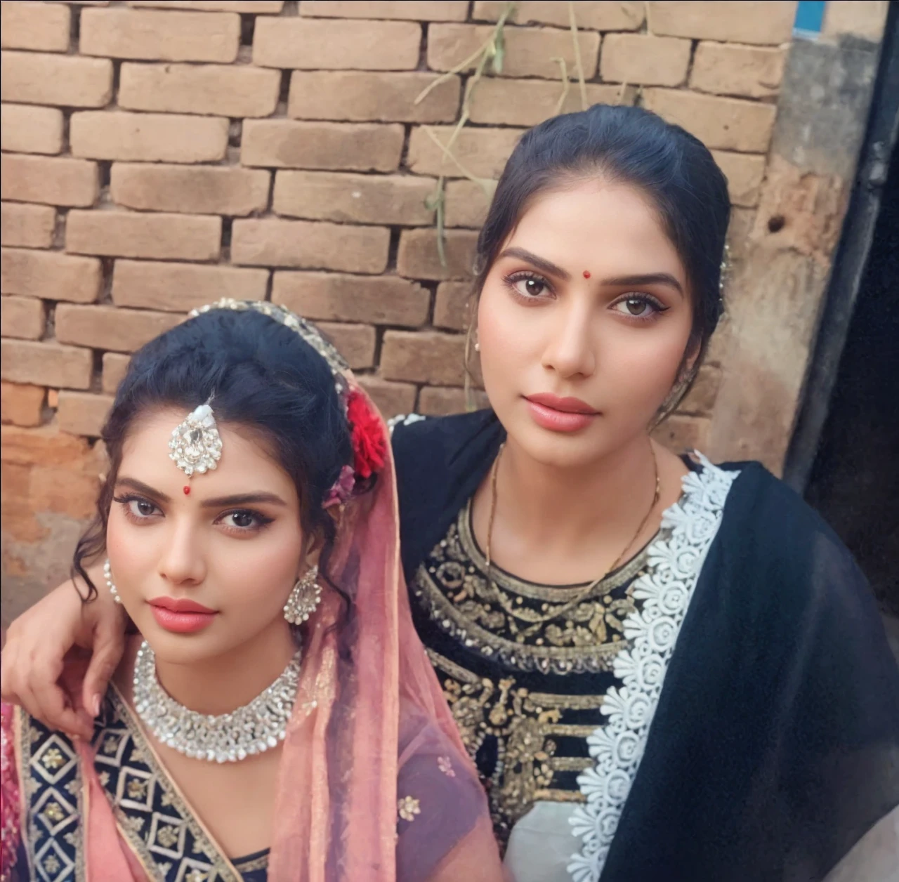 Create an image depicting a beautiful Indian village woman with a plus-size body and plump face, resembling Bollywood actress Urvashi Rautela. She should exude elegance and beauty, captured in a full-length frame with a high-resolution, ultra-high-definition (UHD) quality. The woman should be dressed in a rich red ruffle saree adorned with intricate Swarovski crystal work on organza fabric, giving a glossy shine. Her attire includes an off-shoulder blouse, emphasizing her slim waist and showcasing a deep cleavage. Her black, wavy hair with bright brown highlights should be styled in a curly fashion, highlighting its thickness and volume. The focus should be on her large, round chest and stunning facial features, with extremely detailed eyes that are light blue, framed by long, thick eyelashes and well-shaped eyebrows. She stands confidently in an upright pose, looking directly at the viewer, against a colorful village home background bathed in daylight, with vibrant flowers adding detail and depth to the scene.
