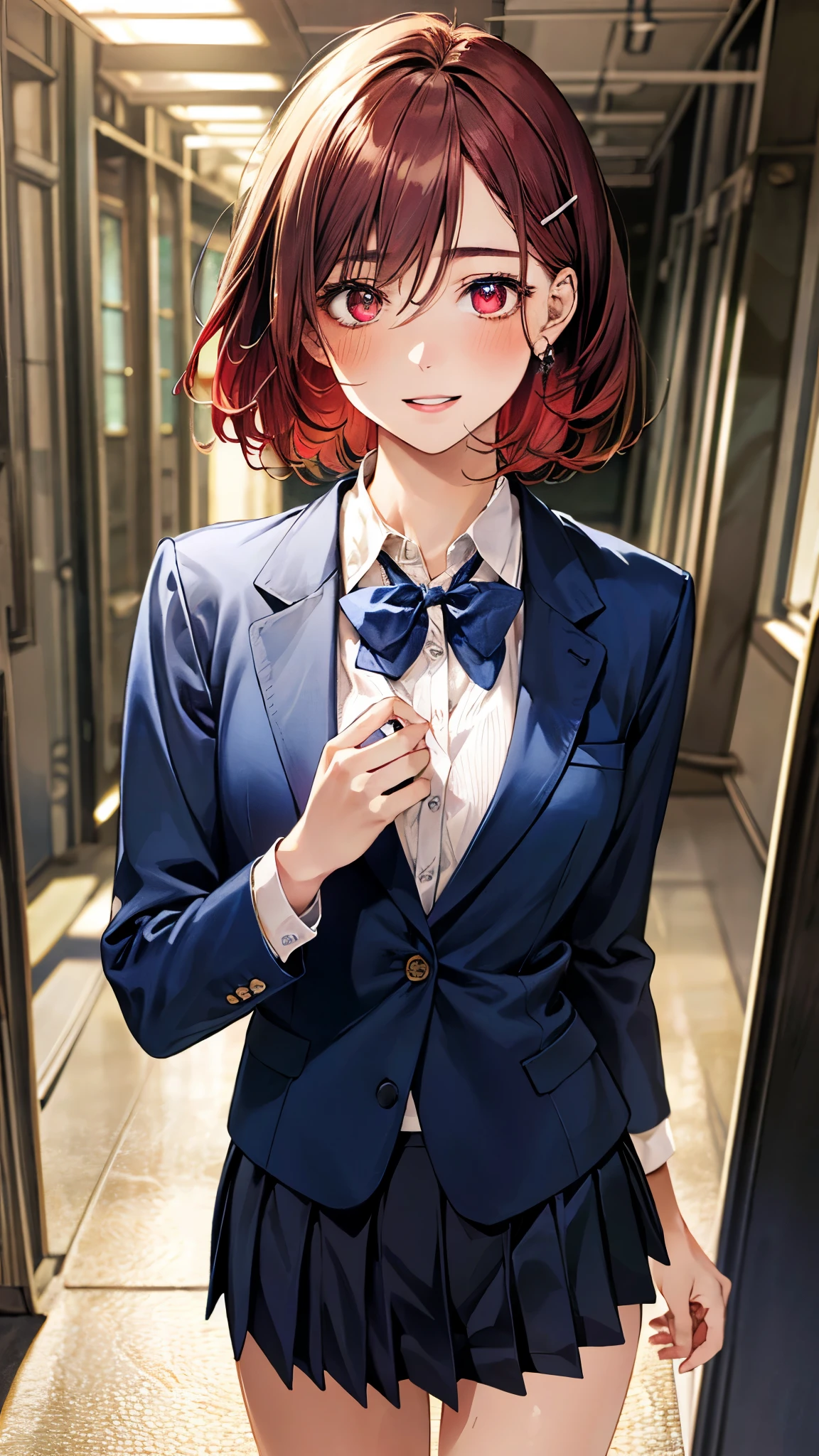 (masterpiece:1.3, top-quality, ultra high res, ultra detailed), (realistic, photorealistic:1.4), beautiful illustration, perfect lighting, natural lighting, colorful, depth of fields, ,
beautiful detailed hair, beautiful detailed face, beautiful detailed eyes, beautiful clavicle, beautiful body, beautiful chest, beautiful thigh, beautiful legs, beautiful fingers, shiny skin,
looking at viewer, 1 girl, high school girl, (perfect anatomy, anatomically correct, super detailed skin), cute and symmetrical face, , perfect face, perfect eyes, ,
(short hair:1.4, long bob cut, poppy red hair), hair between eyes, hairclip, maroon eyes, big eyes, long eye lasher, (medium breasts, seductive thighs), slender, skin dendation,
detailed cloth texture, (navy blazer:1.2, navy pleated skirt:1.2), white collared shirt, blue bow tie,
(beautiful scenery), , evening, (school hallway), standing, (lovely smile, upper eyes, parted lips),