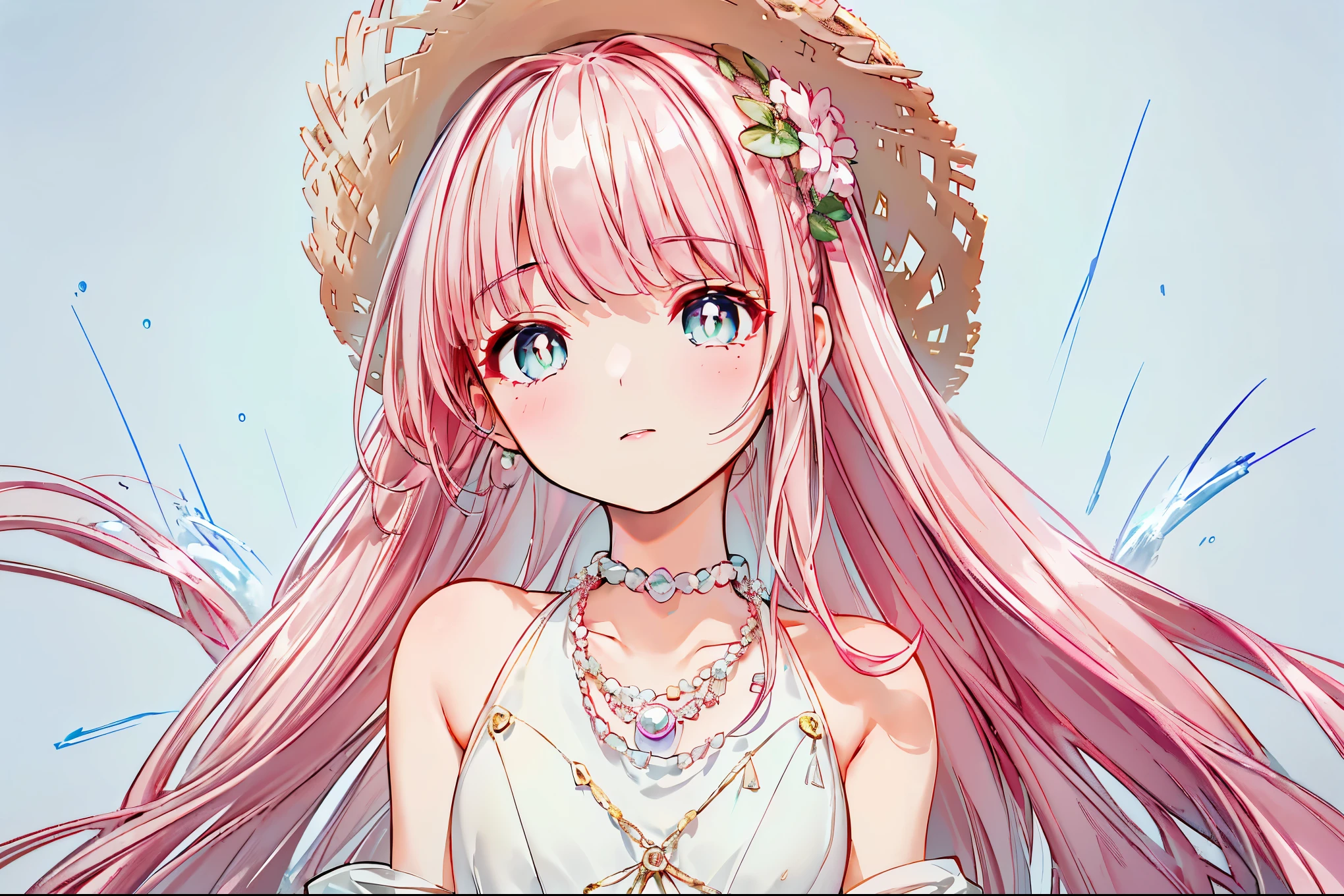 (((pearl pink hair,emerald pupils))),((beautiful and detailed)),(blushing), (geometric:1.1),(((lean on grassland,raining,farmland))), ((1girl,amazing,adorable girl,solo,))(Masterpiece,Best quality, offcial art, Beautiful and aesthetic:1.2),(4k,HD,HRS),((small breasts)),(Physically-based rendering),Sharp focus on face, (((high-detailed skin,The details are complex、Shallow depth of field、movie lighting、Reflectors、a Canon EOS R5、50mm lens、f / 2.8、shot at 8k resolution))),simple cloths，correct pupils,((((shiny hair|detailed hair|half bangs|short hair|single ponytail|curly hair)))),(masterpiece sidelighting),(The sheen),(beautiful hair,beautiful background,bokeh:55mm)),((extremely_Detailed_Eyes_and_face)),Movie girl,(Dynamic posture: 1.2),Brilliant,((straw hat)),((arms down))