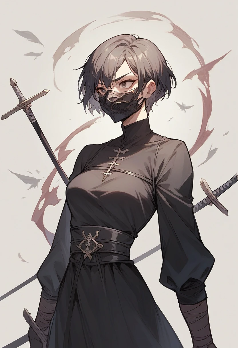 A woman of 1,68 short hair, wear a mask covering the entire head, two swords, wears black dress.