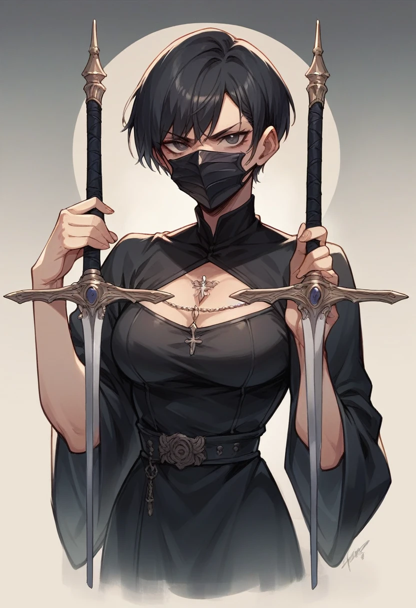 A woman of 1,68 short hair, wear a mask covering the entire head, two swords, wears black dress.