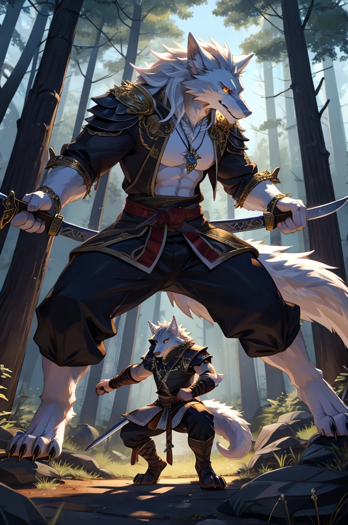 Werewolf，hairy，Pure white hair，A big white tail，Dragon-like golden eyes，Two long swords，Wolf head shaped pendant，Attack Stance，forest，serious