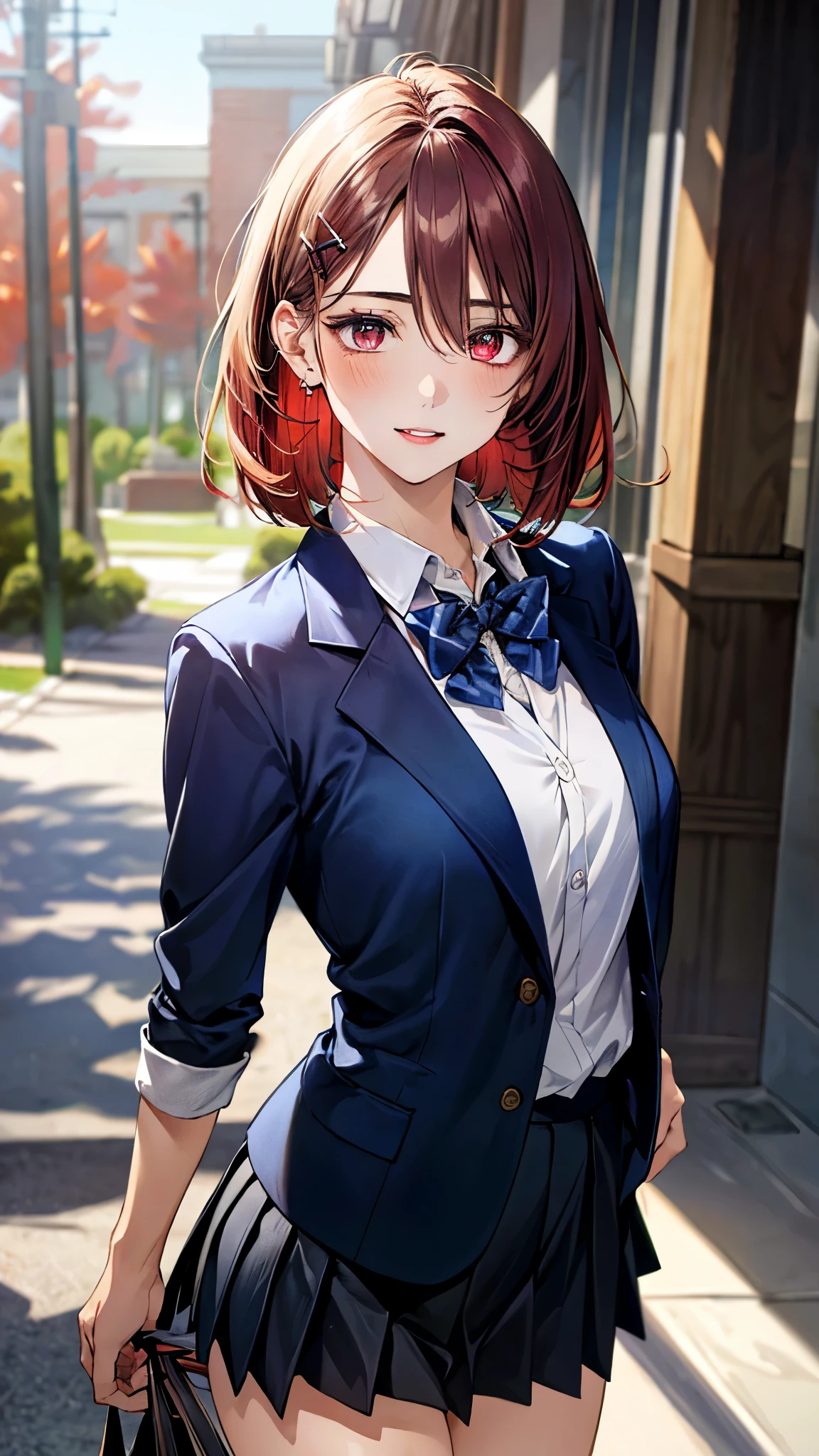 (masterpiece:1.3, top-quality, ultra high res, ultra detailed), (realistic, photorealistic:1.4), beautiful illustration, perfect lighting, natural lighting, colorful, depth of fields, ,
beautiful detailed hair, beautiful detailed face, beautiful detailed eyes, beautiful clavicle, beautiful body, beautiful chest, beautiful thigh, beautiful legs, beautiful fingers, shiny skin,
looking at viewer, 1 girl, high school girl, (perfect anatomy, anatomically correct, super detailed skin), cute and symmetrical face, , perfect face, perfect eyes, ,
(short hair:1.4, long bob cut, poppy red hair), hair between eyes, hairclip, maroon eyes, big eyes, long eye lasher, (medium breasts, seductive thighs), slender, skin dendation,
detailed cloth texture, (navy blazer:1.2, navy pleated skirt:1.2), white collared shirt, blue bow tie,
(beautiful scenery), , evening, (school hallway), standing, (lovely smile, upper eyes, parted lips),