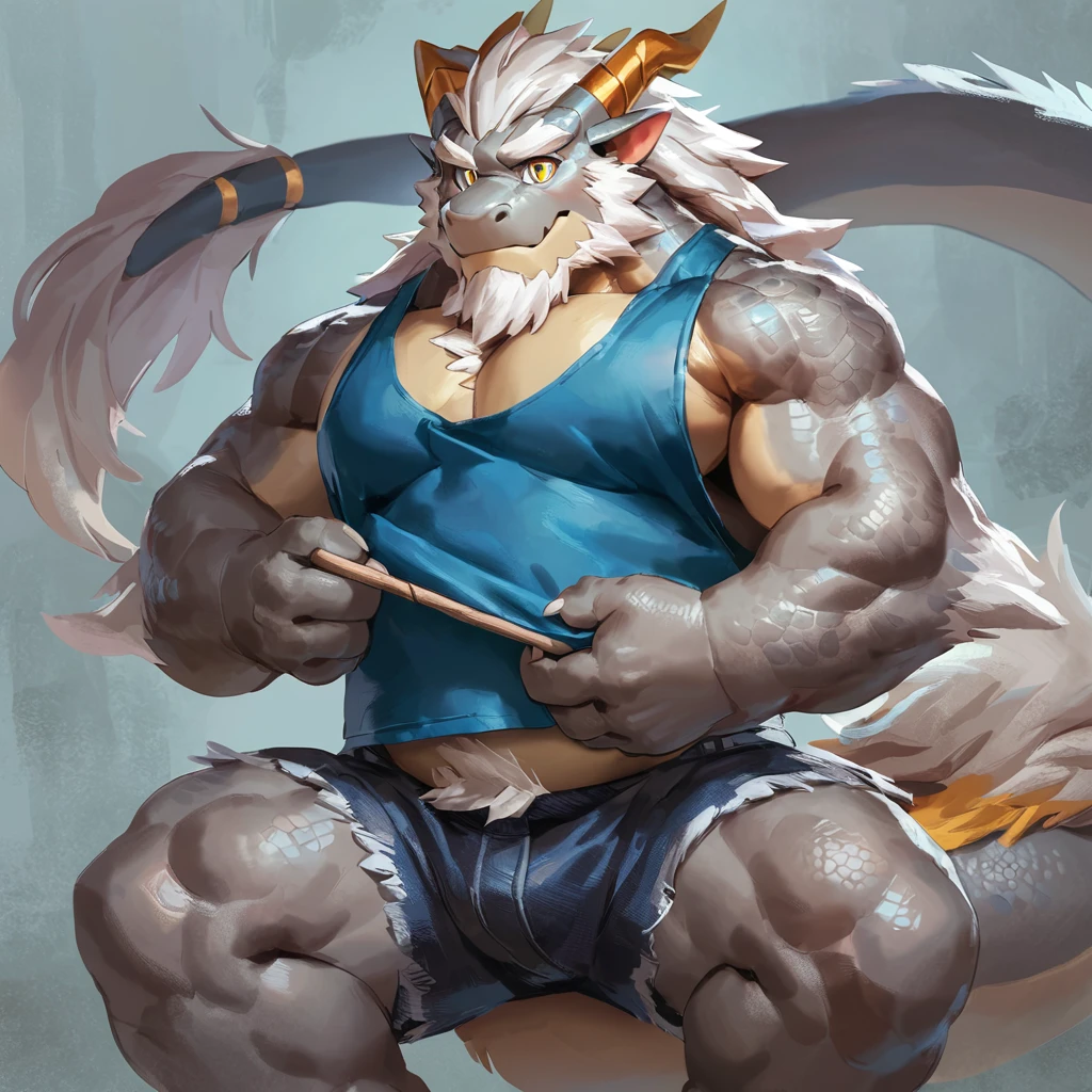 (artist: noku13456, jacketbear, dangpa, null-ghost, lindong, takahirosit),male, sfw, eastern dragon, , bara, big chest, simple bg, one fluffy tail, old man, fluffy mane, , grey body, white hair, solo, scales, detailed scales, tank top, jeans shorts, dragon horns, yellow iris, big eyes, white beard, fluffy hair, detailed face:2.0, one tail, masterpiece:2.0, perfect eyes:2.0, good anatomy:2.0