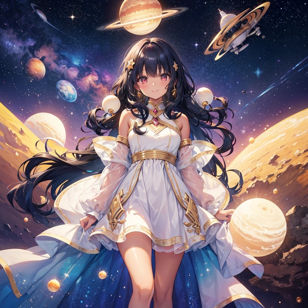 Woman with very long wavy black hair tan skin wearing a beautiful  glitter dress and smiling up. Little, surrounded by outerspace, planets, and galaxies