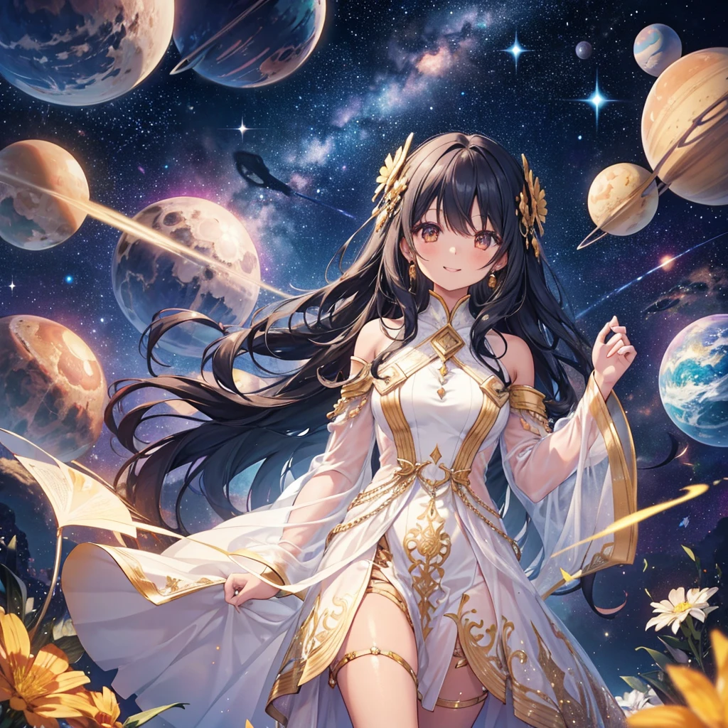 Woman with very long wavy big breast and black hair tan skin wearing a beautiful  glitter dress and smiling up. Little, surrounded by outerspace, planets, and galaxies