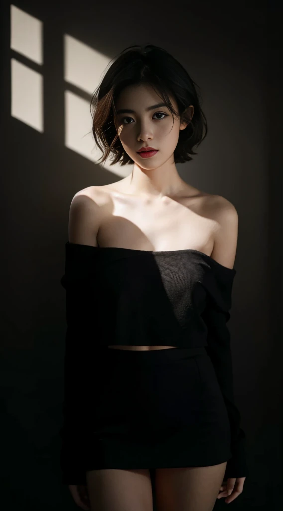 Best quality, masterpiece, ultra high res, (photorealistic:1.5), raw photo, 1girl, offshoulder, in the dark, deep shadow, low key, cold light, sexy look, short hair,miniskirts