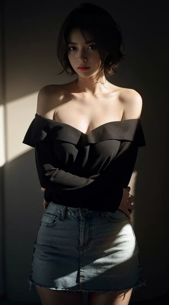 Best quality, masterpiece, ultra high res, (photorealistic:1.5), raw photo, 1girl, offshoulder, in the dark, deep shadow, low key, cold light, sexy look, short hair