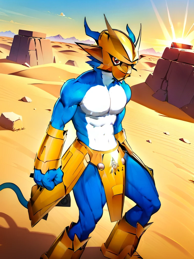 solo,angry ,Magnamon,tall,（musclar：1.5）,blue and white skin,(battle damaged:1.5),(topless Magnamon:2),(armor fragments:1.5),(shirtless:1.5), fighting_stance, in desert ,full_shot
