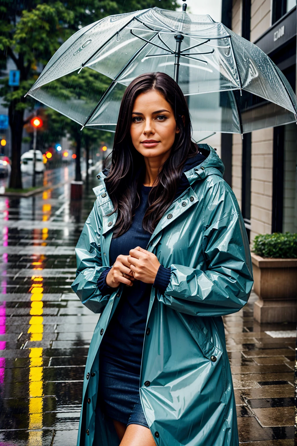 beautiful woman in rain 40years old american woman wearing rain coat
