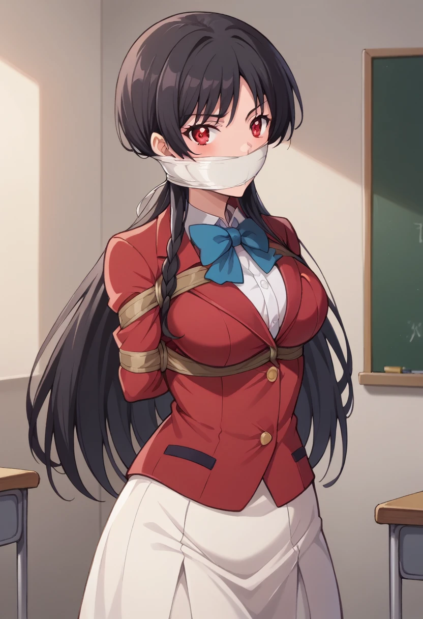 suzunehorikita, suzune horikita, long hair, black hair, (red eyes:1.3), hair ribbon, braid,
BREAK bow, , jacket, bowtie, blue bowtie, blazer, (red blazer:1.5), skirt, white skirt,
BREAK indoors, classroom,
BREAK looking at viewer, (cowboy shot:1.5),
BREAK (masterpiece:1.2), best quality, high resolution, unity 8k wallpaper, (illustration:0.8), (beautiful detailed eyes:1.6), extremely detailed face, perfect lighting, extremely detailed CG, (perfect hands, perfect anatomy),masterpiece, (best quality), perfect eyes, bound, bondage, (arms behind back:1.4), bdsm, tape gag, rope, rope bondage, close-up, restrained,curled up, best anatomy, 