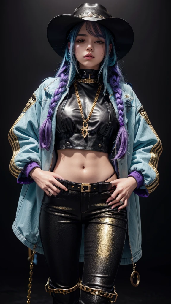 A girl, in black cowboy hat with purple details, with braided blue hair, with a long open dark cyan jacket with gold accents, chains and buckles on her outfit underneath the jacket, golden boots and black pants, full bodied, full black background, highly detailed, body full view