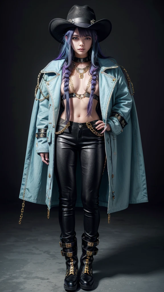 A girl, in black cowboy hat with purple details, with braided blue hair, with a long open cyan jacket with gold accents, chains and buckles on her outfit underneath the jacket, golden boots and black pants, full bodied, full black background, highly detailed, body full view