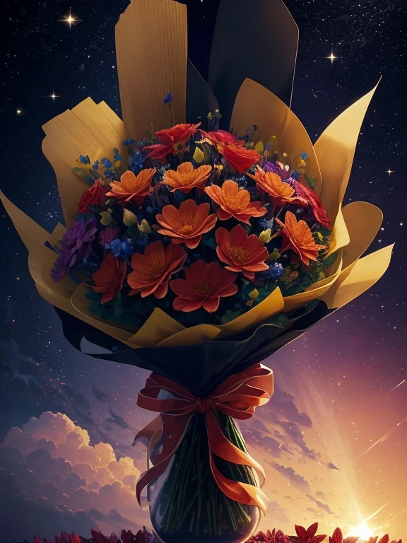 a bouquet of flowers with a crescent and stars on a black background, bright flowers, 🌺 CGSOCIETY, flowers and gold, floral sunset, night sky full of flowers, magic flowers, flower growth, heavenly red flower atmosphere, floral!, just kidding, floral atmosphere, nature and floral aesthetics, floral! Intricate, dorado. floral, luminous flowers, #pixel art, # pixel art