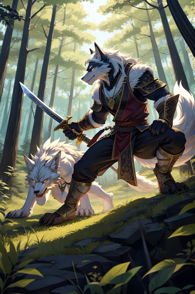 Werewolf，hairy，Pure white hair，A big white tail，Dragon-like golden eyes，Two long swords，Wolf head shaped pendant，Attack Stance，forest，serious