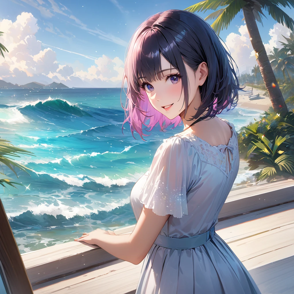 Sparkling sea and tropical ocean, Sunny sky with fluffy white clouds, Palm trees along the coast, Blur the background,Pleasant sea breeze,High school girls,short hair,smile,Glitter effect,highest quality, 4K, 8K, High resolution, masterpiece:1.2, Very detailed, Realistic:1.37, High resolution, 超High resolution, Ultra-fine painting, Sharp focus, Physically Based Rendering, Very detailed explanation, Professional, Vibrant colors