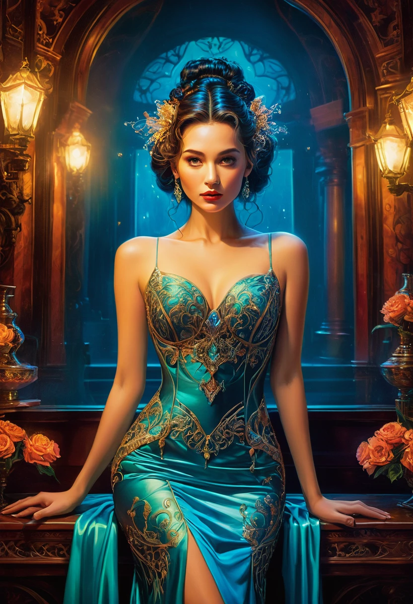 Evening Dress, theater, by Gerald Brom and Brandon Woelfel, best quality, masterpiece, very aesthetic, perfect composition, intricate details, ultra-detailed