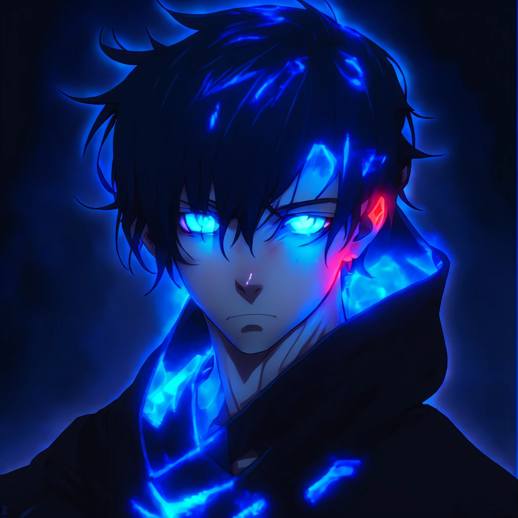 anime boy with blue eyes and black hair in a dark room, with blue glowing eyes, with glowing blue eyes, his eyes are blue and glowing, his eyes glowing blue, glowing blue eyes, with glowing eyes, blue eyes glowing, blue glowing eyes, handsome guy in demon slayer art, fully blue eyes no pupils, fully blue eyes, his eyes are bleeding intense