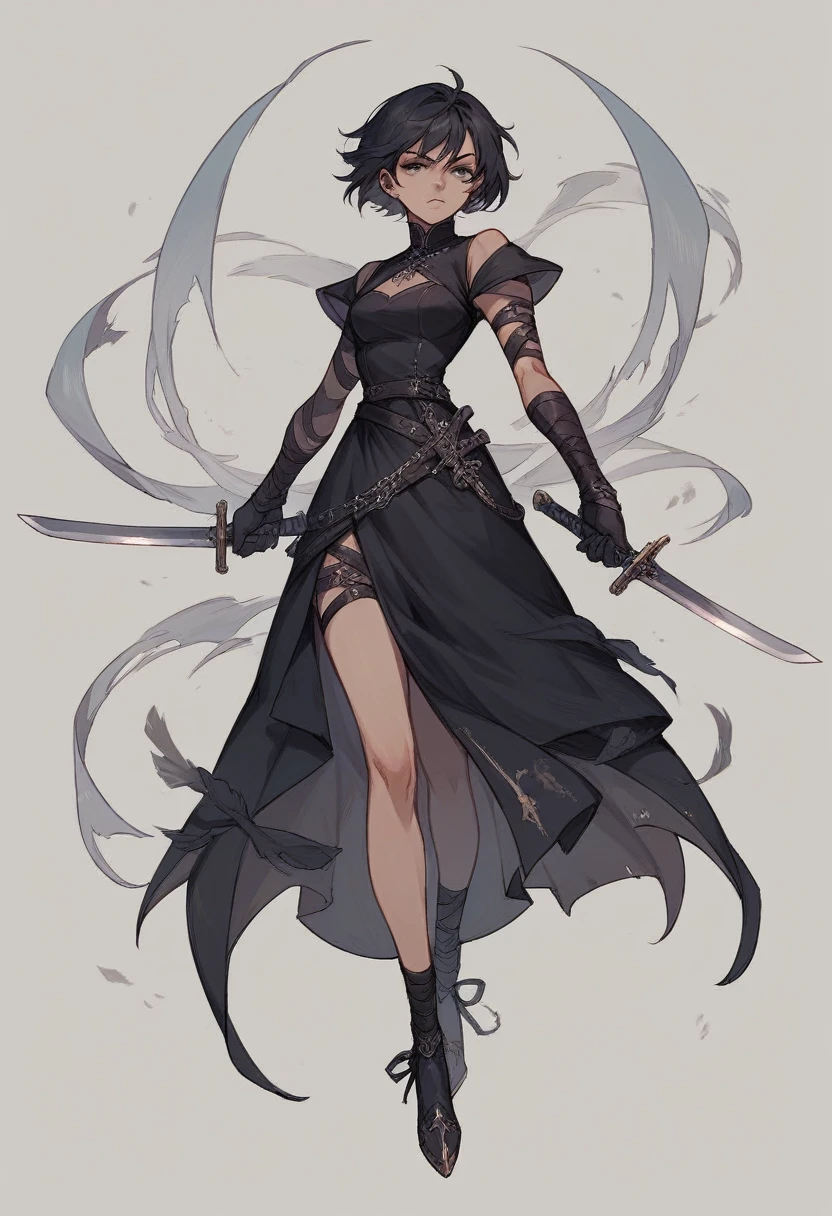 A woman of 1,68 short hair, two swords, wears black dress.