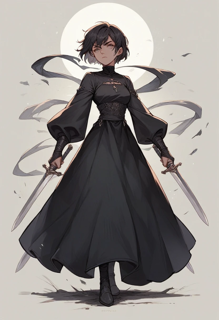 A woman of 1,68 short hair, two swords, wears black dress.
