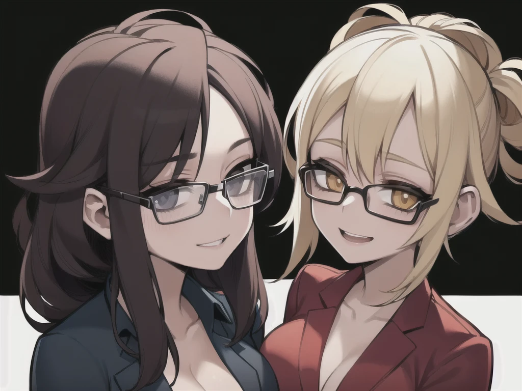 two sexy women looking at camera, opened mouths happy, kindergarten teachers outfits, portrait, various hair, glasses