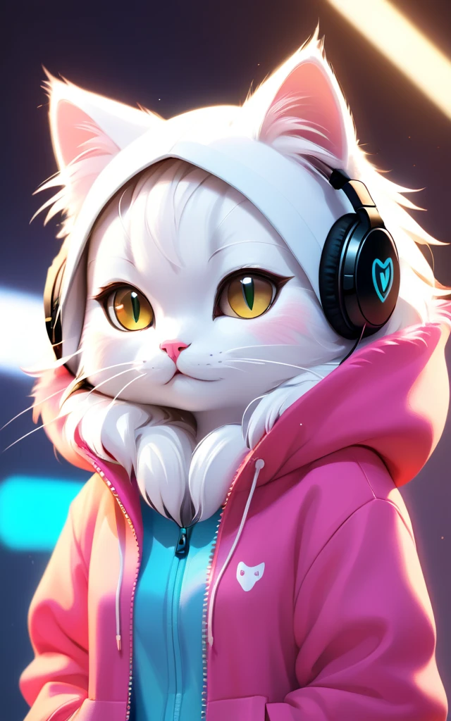 A cute female cat with fluffy fur、Wearing a hoodie and headphones。, The background is modern, Adorable digital painting, 3D Rendering, Bright lighting, Vibrant colors,