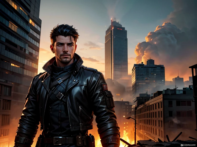 a man, 25 years old, black hair, hazel eyes, 6'1" height, rugged, muscular, standing on a rooftop, city in ruins behind him, smoke and fire emitting from the buildings, (best quality,4k,8k,highres,masterpiece:1.2),ultra-detailed,(realistic,photorealistic,photo-realistic:1.37),hyperrealistic, dramatic lighting, cinematic, moody atmosphere, dystopian, apocalyptic. Close up of face