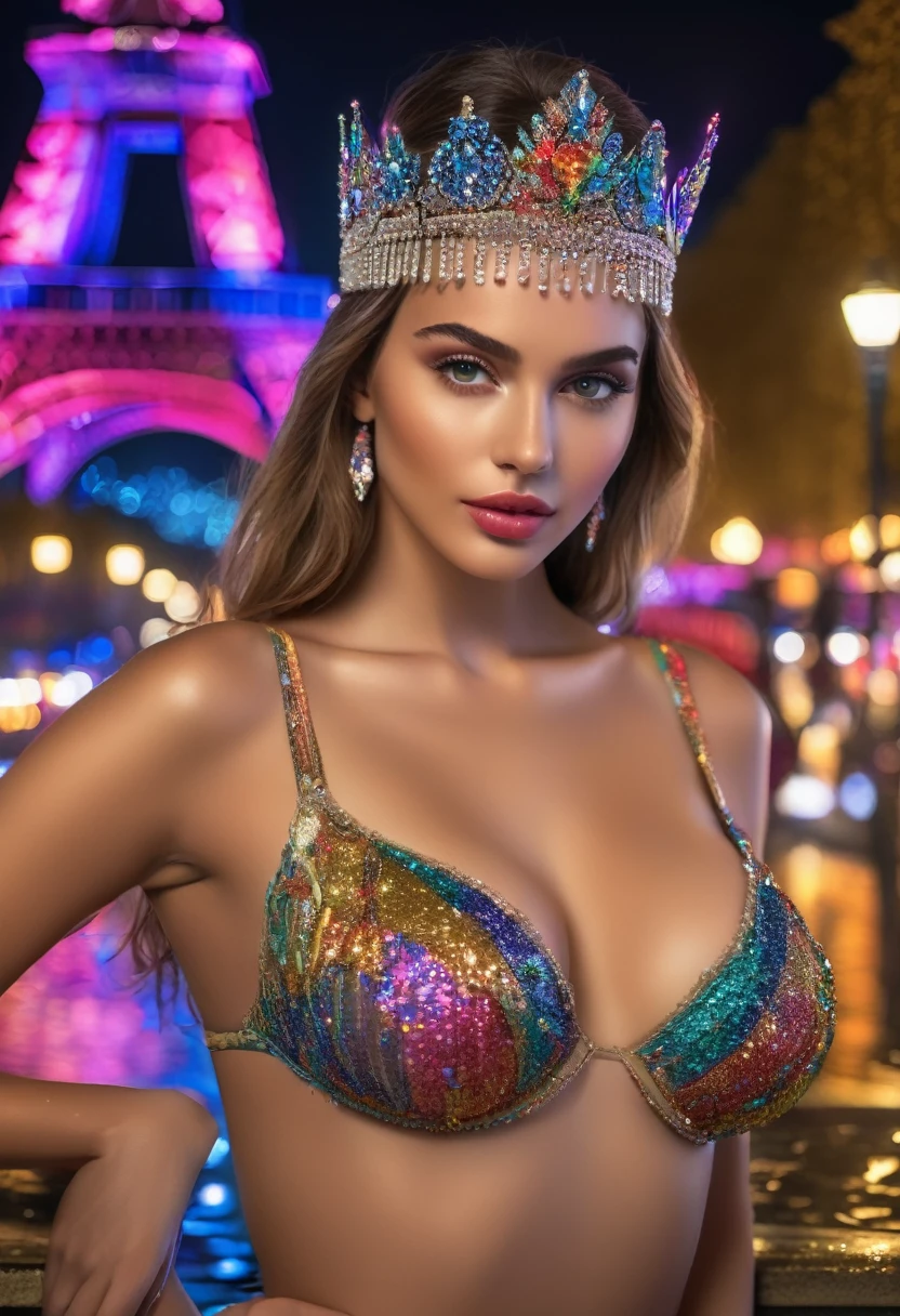 a beautiful young woman with a perfect body in Paris, stunning beauty, realistic image, ultra-realistic, colorful clothing, victoria secrets model, large breasts, detailed eyes, detailed lips, extremely detailed face, long eyelashes, perfect skin, flawless makeup, dramatic lighting, vibrant colors, cinematic composition, 8k, high resolution, masterpiece, photorealistic, night party, nude, pool game