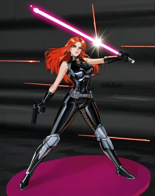 (best quality:1.3), (4K quality),masterpiece, best quality, high res, detailed, (Detailed face:1.2), (Detailed eyes:1.2), (Hourglass figure:1.2), CARTOON, ANIME, CARTOON ARTSTYLE, ultra-detailed, vintage science fiction, Star Wars based setting, extremely detailed face, long eyelashes, a upper body shot of a woman (Mara Jade), long orange hair, bright green eyes, a determined look and stoic gaze. ((Wearing: a black leather suit, the suit is shiny and glossy, the suit is so tight that it perfectly highlights the shape of Mara Jades figure. Silver utility belt, black gloves and shiny armored boots.)) Her gaze is both alluring and fierce, as she holding the purple lightsaber and blaster in both hands. Mara Jade is in a fighting position with the purple lightsaber, she's deflecting blaster fire.
