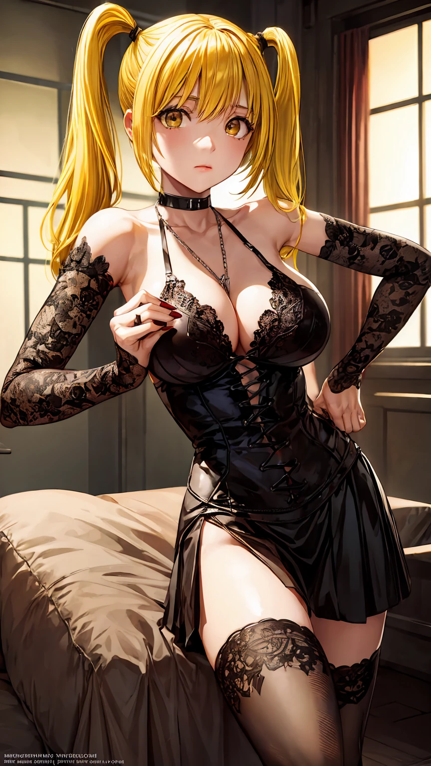 misaamane, misa amane, long hair, bangrown eyes:1.7), (yellow hair:1.5), blunt bangs, red lips, lipstick, solo, 1girl,
BREAK thighhighs, dress, jewelry, collarbone, boots, detached sleeves, choker, black thighhighs, necklace, black lingerie, cross, red nails, cross necklace,
BREAK looking at viewer,
BREAK indoors,
BREAK (masterpiece:1.2), best quality, high resolution, unity 8k wallpaper, (illustration:0.8), (beautiful detailed eyes:1.6), extremely detailed face, perfect lighting, extremely detailed CG, (perfect hands, perfect anatomy), (((light brown eyes))), (((gigantic breasts))), (((two ponytails)))