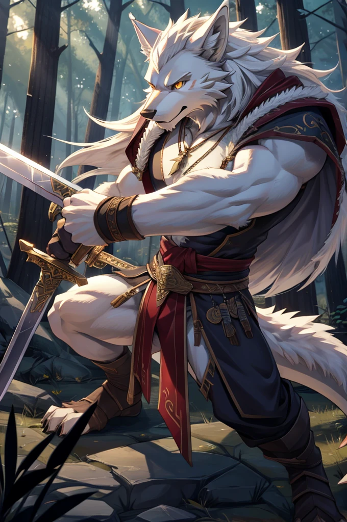 Werewolf，hairy，Pure white hair，A big white tail，Dragon-like golden eyes，Two long swords，Wolf head shaped pendant，Attack Stance，forest，serious