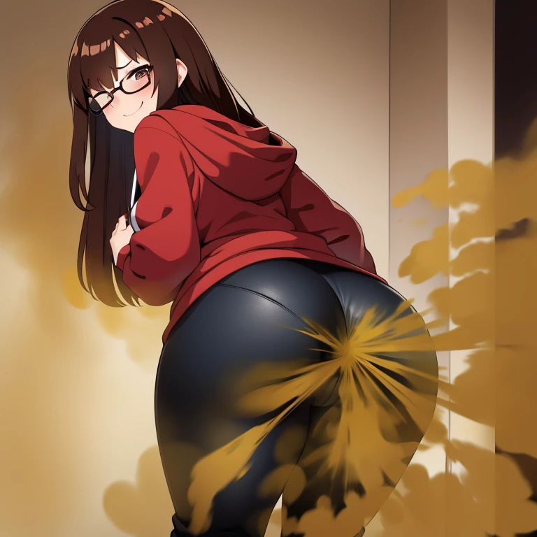 HD, high quality, high resolution, ultrahd, 1female, wearing glasses, bangs, dark red hoodie, long hair, brown hair, very tall body, thin body, massive fart, yellow smoke, velocity, 1 eye closed, 1 eye opened, forcing, struggling, struggle face, blush leaning, viewing ass, taking off pants, anus, embarrassed, smiling, alone in a room, beautiful lighting, highlights