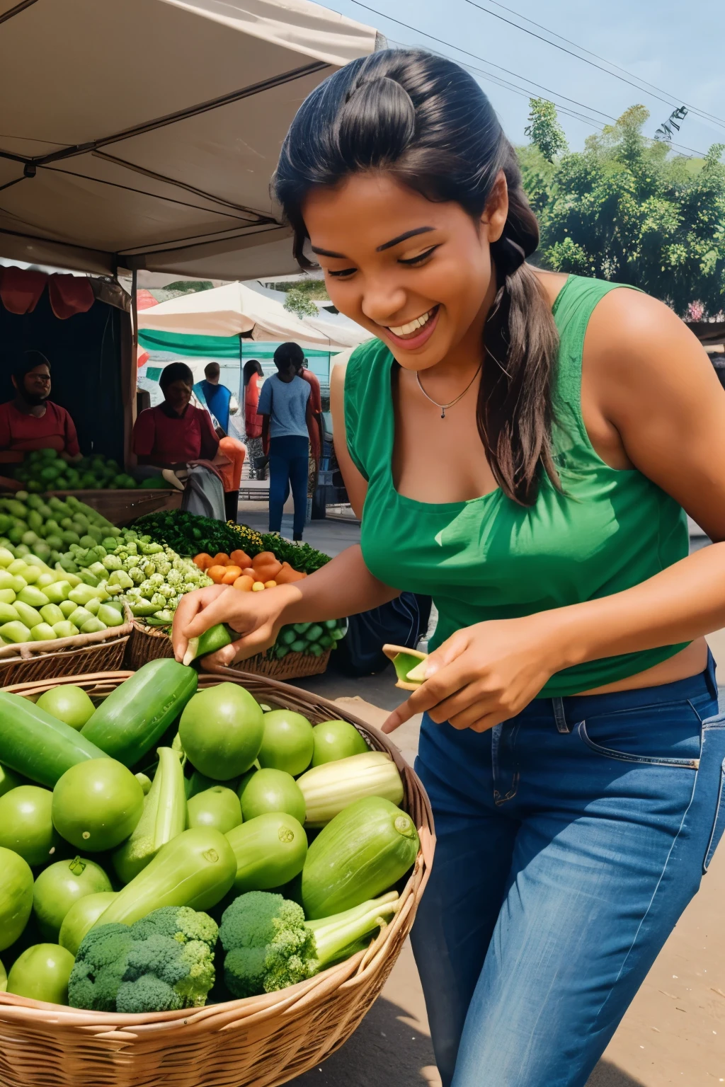My friend is having fun while playing with the vegetable vendor