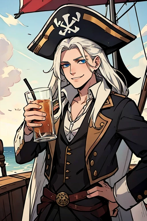 A young white haired man with blue eyes and long hair in a pirate's outfit is drinking on a pirate ship with a big smile