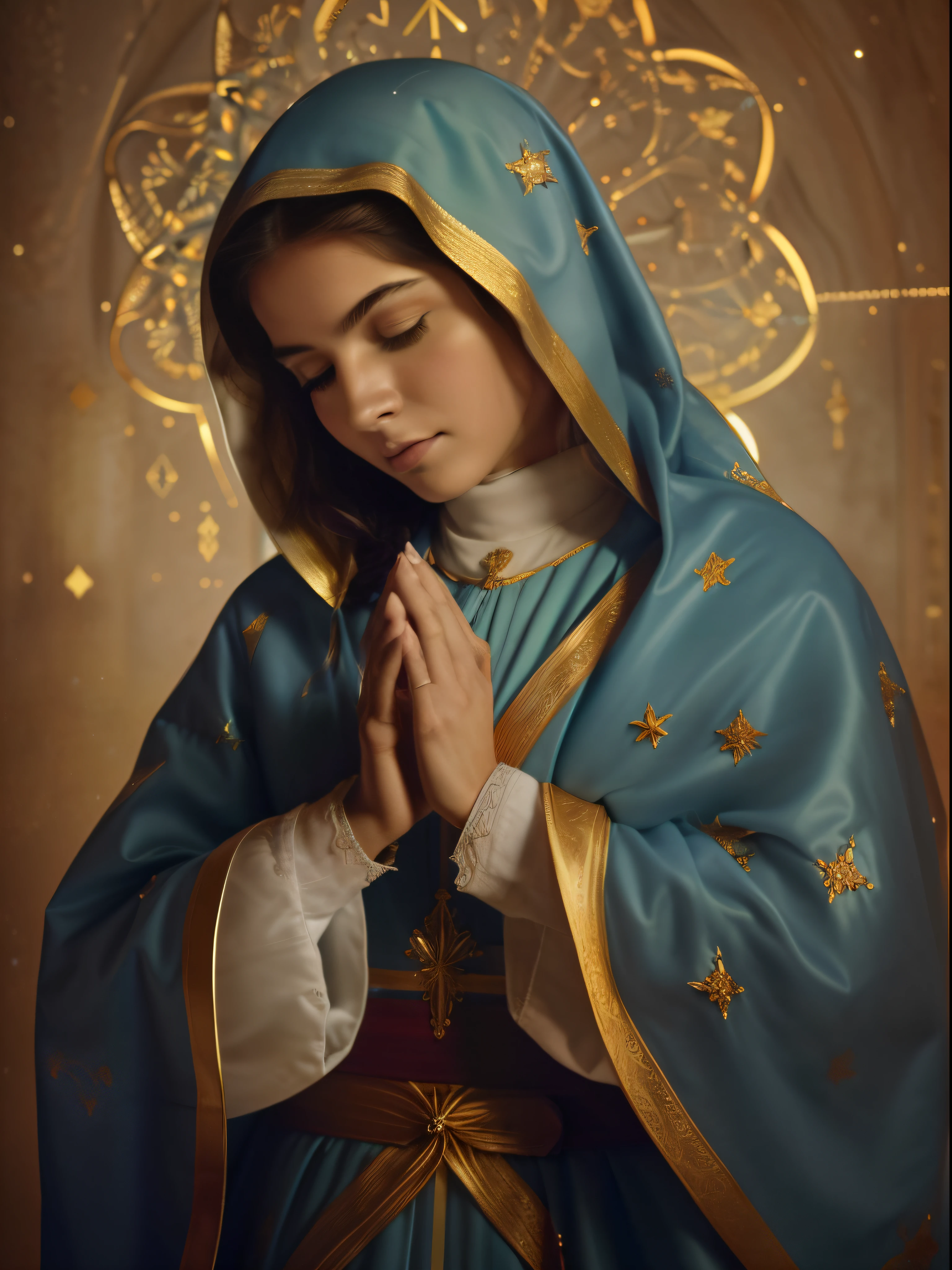 ((Blessed Virgin Mary. 19 years old))) ((( With a serious and pious face. With a sweet and tender look))) (Masterpiece artwork, top-quality, best qualityer, offcial art, beautiful and aesthetic: 1.2), (1 girl), extremely detaild, (Fractal Art: 1.3), fullcolor, More Detailed, face perfect, upperbody, HDR, (praying: 1.3), (white coat golden lines: 1.2), galaxy, (light stripes), Attractive visuals, (dynamic stripes, luminous trails: 1.2), swirly vibrant colors,