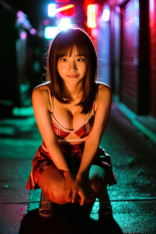 （（（（（（（All Nude）））））））((Reality)), s lips, Detailed background, 1girl in, Squatting in a dark alley、A strong red light shines on my face、-yeld slJapanese gravure idol、Natural Breast,, (plaid skirts), small 、Slimed、A slender、Long straight light brown hair, (soft smiling), Look at viewers,