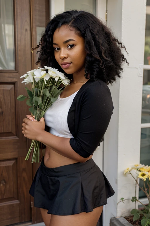 Curvy black girl 4c hair in a cute mini skirt outfit holding flowers 