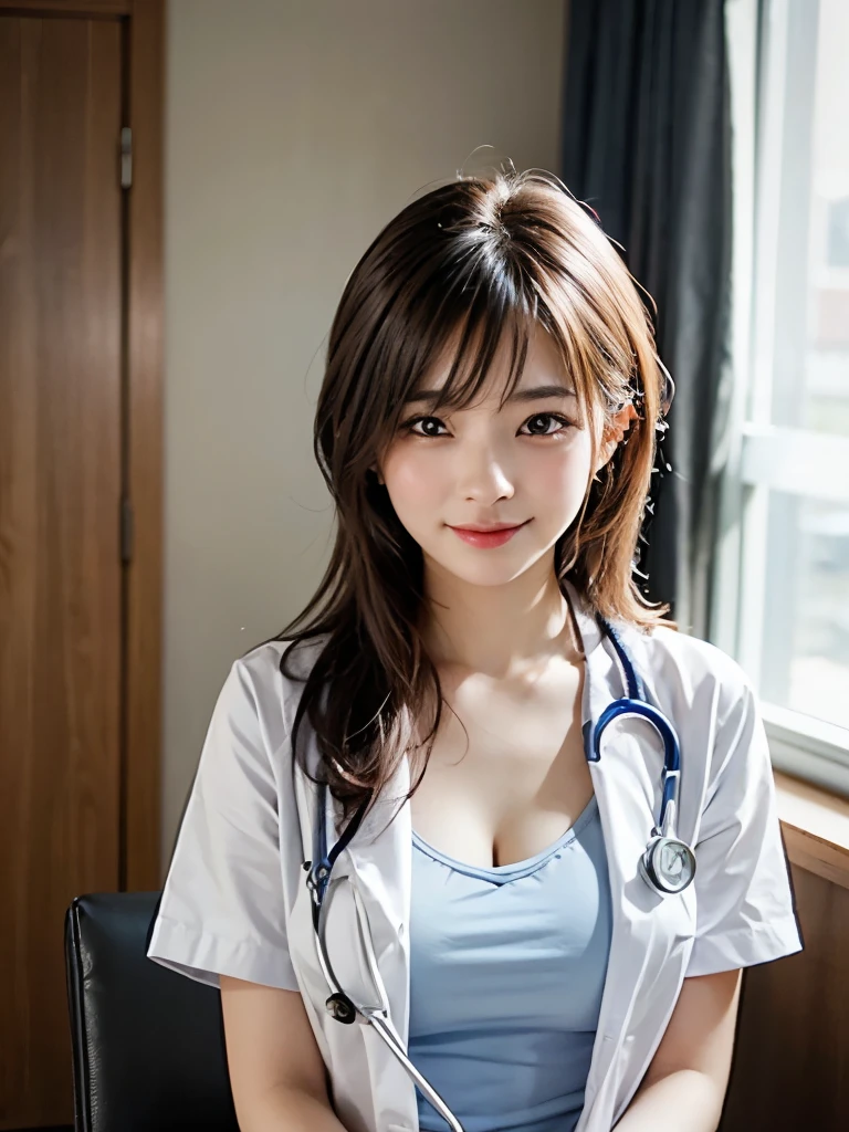 Very detailed CG Unity 8k 壁紙, Highest quality, Very detailed, masterpiece, Realistic, Photo Real, Very detailedかわいい女の子, 20-year-old , (Cute doctor costume ), Hanging the stethoscope from the neck、smile , Round eyes, Large Breasts , Cleavage、The audience watching, Half Body Shot , hospital , Sitting , Brown long hair、bangs