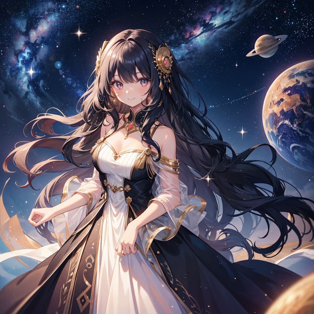 Woman with very long wavy big breast and black hair tan skin wearing a beautiful  glitter dress and smiling up. Little, surrounded by outerspace, planets, and galaxies