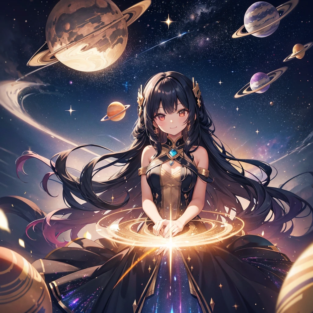 Woman with very long wavy black hair tan skin, good size breast, wearing a beautiful dark majenta glitter dress and smiling up. Little, surrounded by outerspace, planets, and galaxies