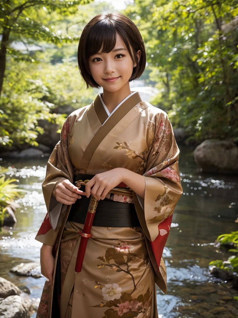 One girl, alone, kimono, short hair, arms, sword, Brown eyes, View your viewers, kimono, Brown Hair, lips, Hands on hips, sheath, smile, knife, Black Hair, Upper Body, Mouth closed, sheathed, Raise your hand  