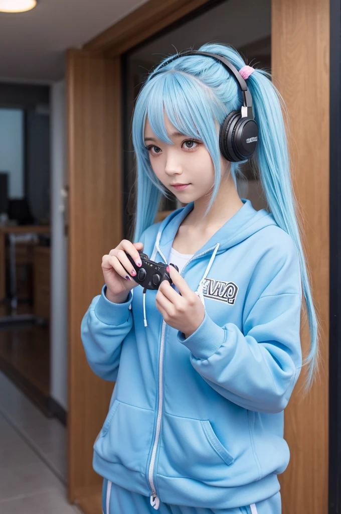 Draw a cute girl who looks a bit like an otaku, has light blue hair in twin tails, is wearing a tracksuit, has a controller and is wearing headphones.