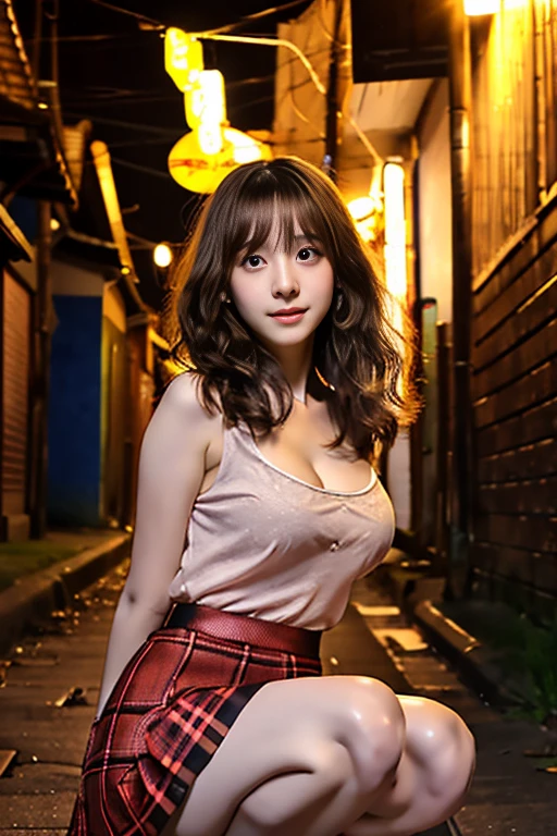 （（（（（（（All Nude）））））））((Reality)), s lips, Detailed background, 1girl in, Squatting in a dark alley、A strong red light shines on my face、-yeld slJapanese gravure idol、Natural Breast,, (plaid skirts), small 、Slimed、A slender、Long straight light brown hair, (soft smiling), Look at viewers,