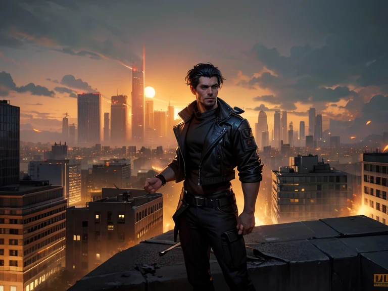 a man, 25 years old, black hair, hazel eyes, 6'1" height, rugged, muscular, standing on a rooftop, city in ruins behind him, smoke and fire emitting from the buildings, (best quality,4k,8k,highres,masterpiece:1.2),ultra-detailed,(realistic,photorealistic,photo-realistic:1.37),hyperrealistic, dramatic lighting, cinematic, moody atmosphere, dystopian, apocalyptic. Close up of face