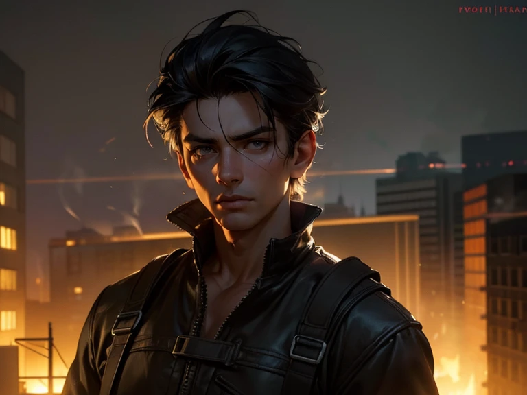 a man, 25 years old, black hair, hazel eyes, 6'1" height, rugged, muscular, standing on a rooftop, city in ruins behind him, smoke and fire emitting from the buildings, (best quality,4k,8k,highres,masterpiece:1.2),ultra-detailed,(realistic,photorealistic,photo-realistic:1.37),hyperrealistic, dramatic lighting, cinematic, moody atmosphere, dystopian, apocalyptic. Close up of face