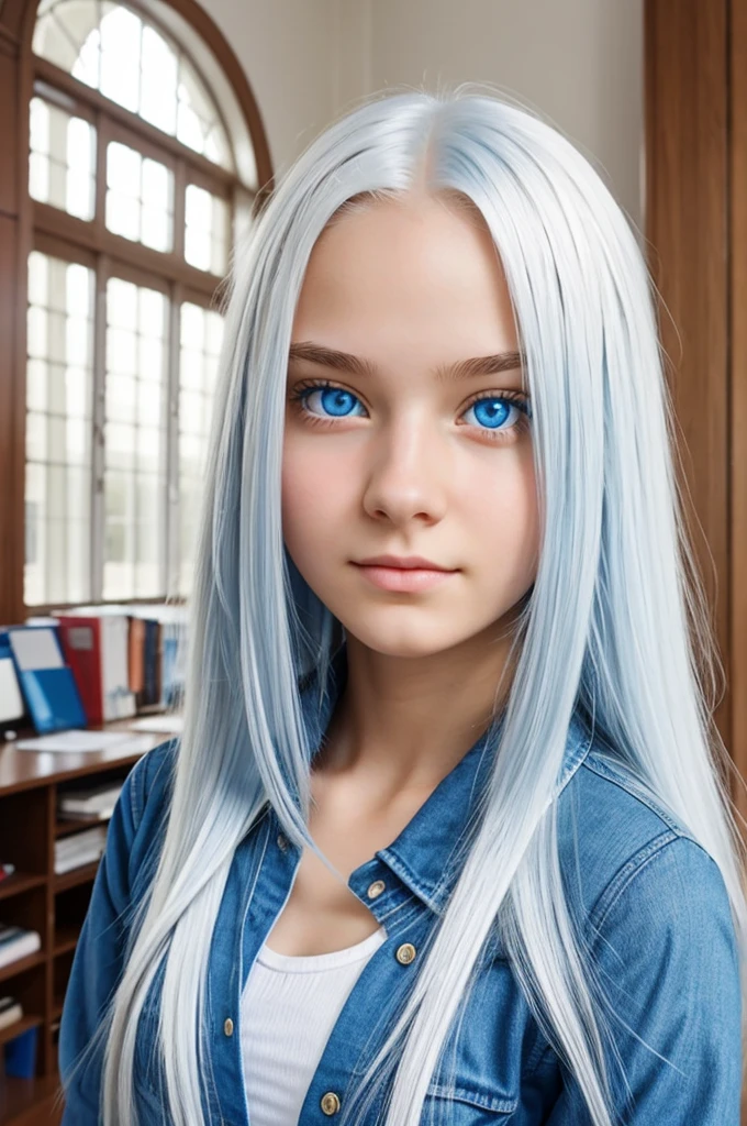 Create a 16-year-old girl with blue eyes and long white hair who studies at the UA