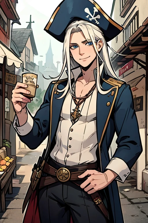 A young white haired man with blue eyes and long hair in a pirate's outfit is  exploring a market in a pirate city with a smile